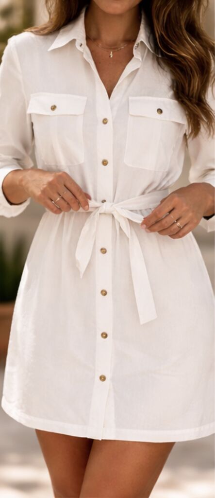 White Cotton Shirt Dress with Button Closure