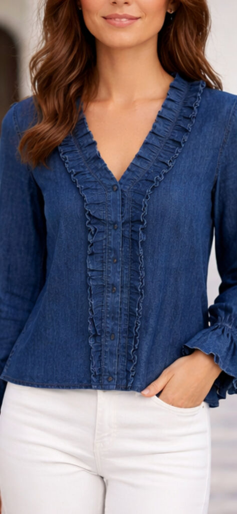 Blue Denim Blouse with Ruffled Trim