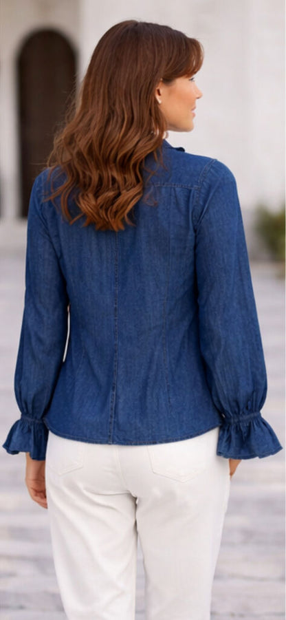 Blue Denim Blouse with Ruffled Trim