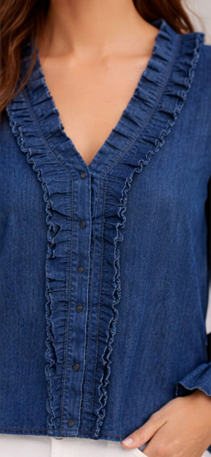 Blue Denim Blouse with Ruffled Trim