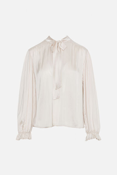 Ivory Satin Blouse with Bow Tie Neck