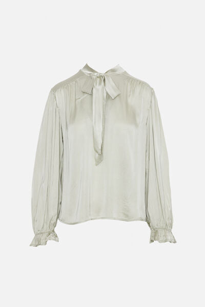 Silver Satin Blouse with Bow-Tie Neckline