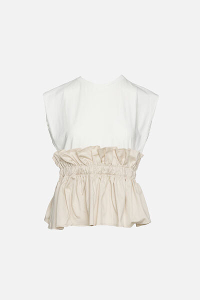 White and Beige Sleeveless Top with Ruched Waist