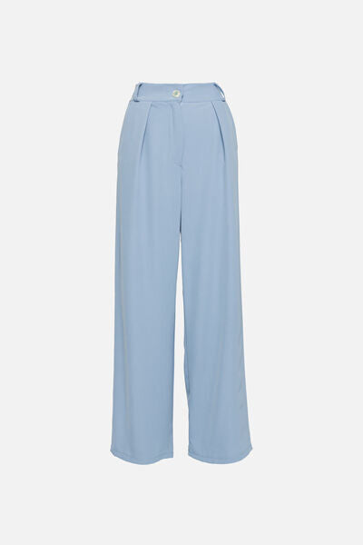 Light Blue Wide-Leg Pleated Trousers with Button Closure
