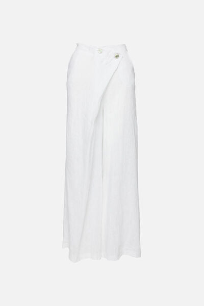 White Wide-Leg Trousers with Button Detail
