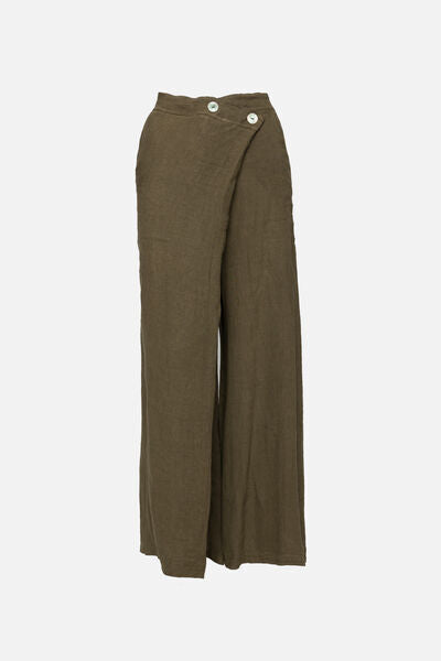 Olive Linen Wide-Leg Pants with Wrap Detail