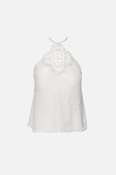 White Embroidered Halter Top with Intricate Lace