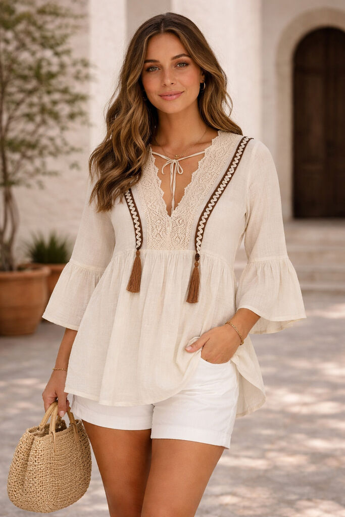 Cream Textured Blouse with Tassel Accents