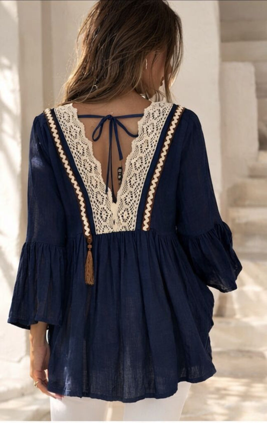 Navy Lace-Trimmed Blouse with Tassels