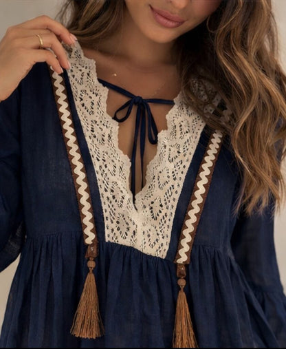 Navy Lace-Trimmed Blouse with Tassels