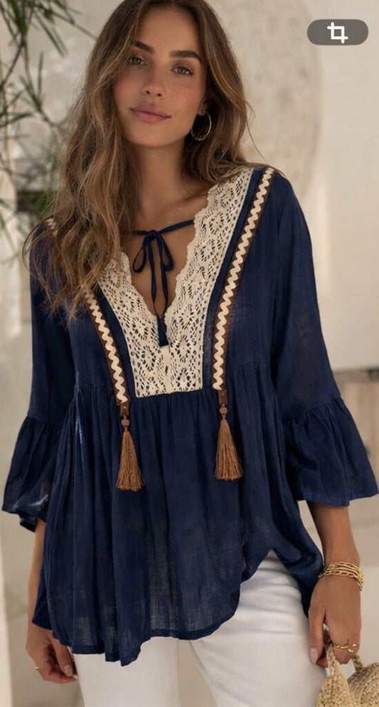 Navy Lace-Trimmed Blouse with Tassels