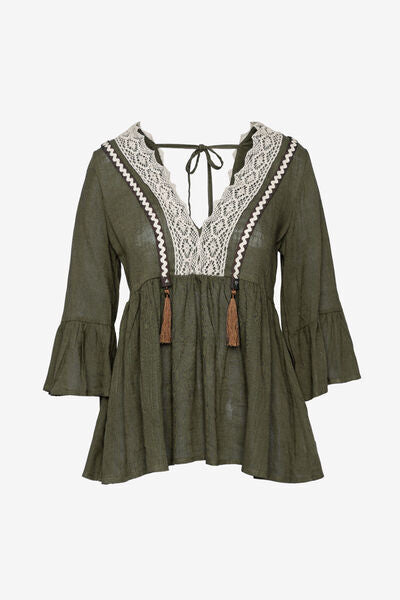 Olive Lace Trim Tunic with Tassel Details