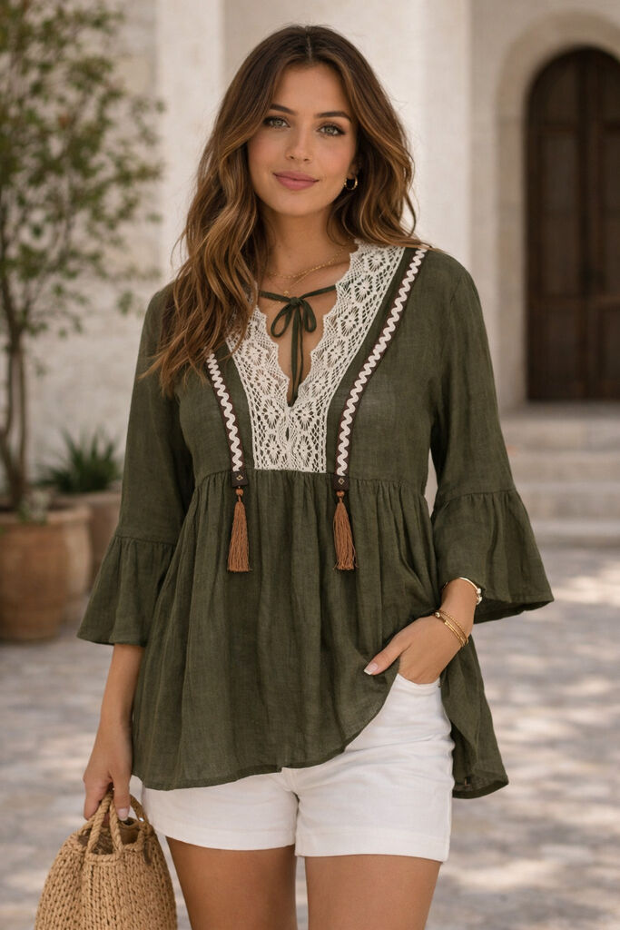 Olive Lace Trim Tunic with Tassel Details