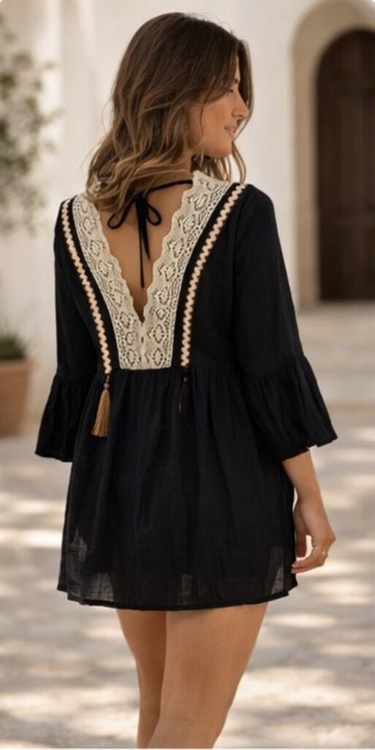 Black Lace V-Neck Bohemian Top with Tassel Detail