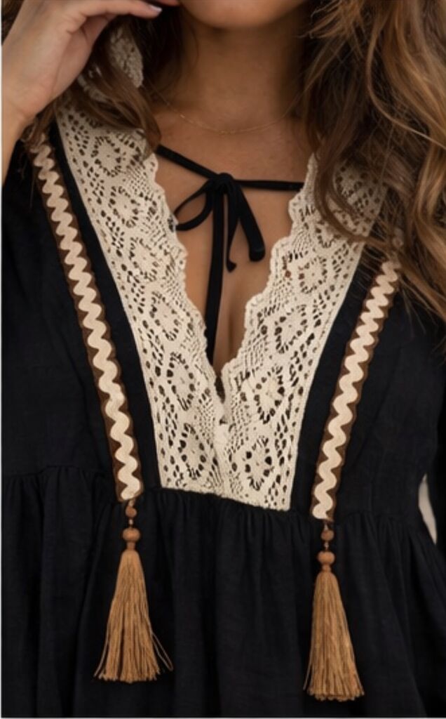 Black Lace V-Neck Bohemian Top with Tassel Detail