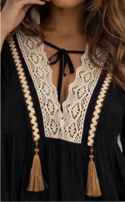 Black Lace V-Neck Bohemian Top with Tassel Detail