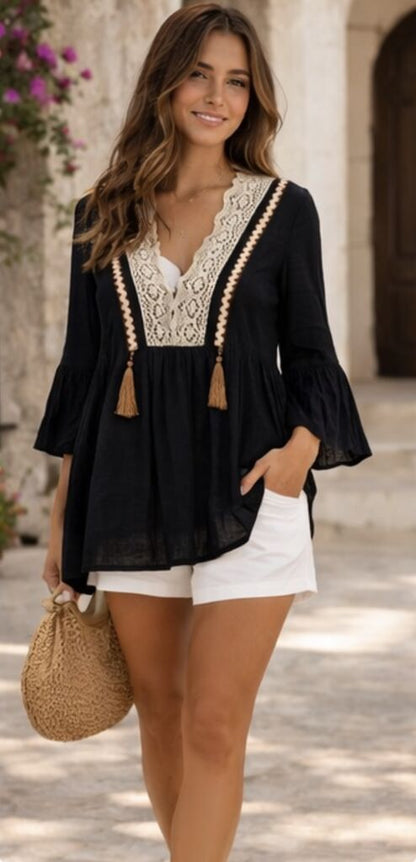 Black Lace V-Neck Bohemian Top with Tassel Detail