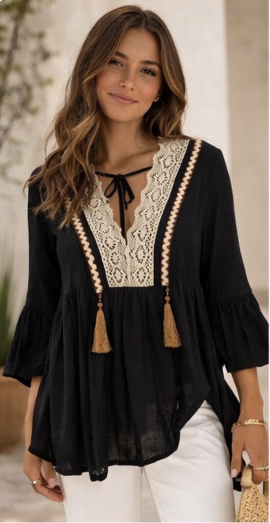 Black Lace V-Neck Bohemian Top with Tassel Detail