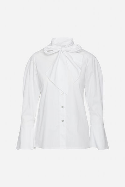 White Bow-Tie Blouse with Flared Sleeves