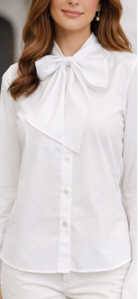 White Bow-Tie Blouse with Flared Sleeves