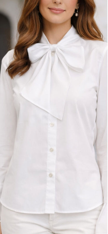 White Bow-Tie Blouse with Flared Sleeves