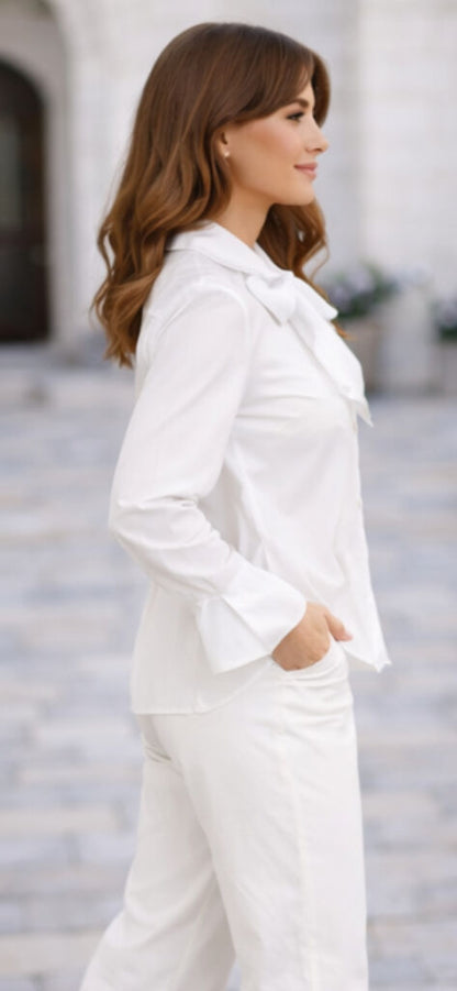 White Bow-Tie Blouse with Flared Sleeves