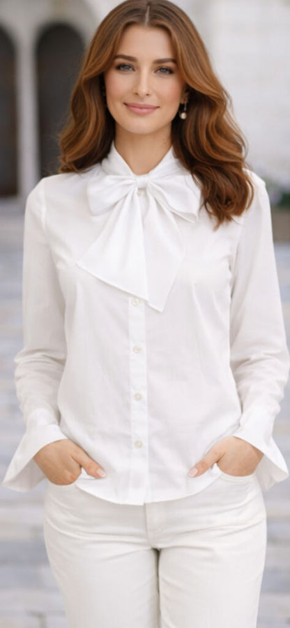 White Bow-Tie Blouse with Flared Sleeves