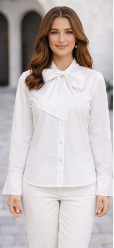 White Bow-Tie Blouse with Flared Sleeves