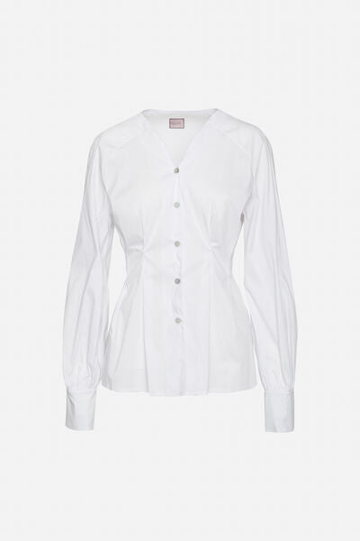 White Fitted Button-Up Blouse with Long Sleeves