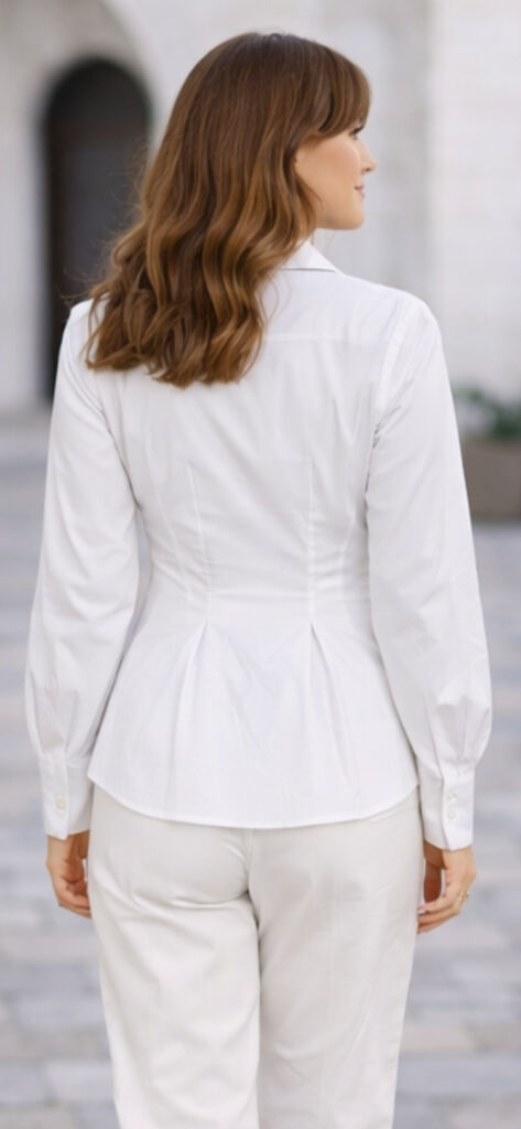 White Fitted Button-Up Blouse with Long Sleeves