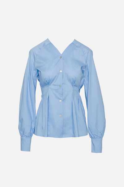 Blue Button-Down Blouse with Gathered Waist