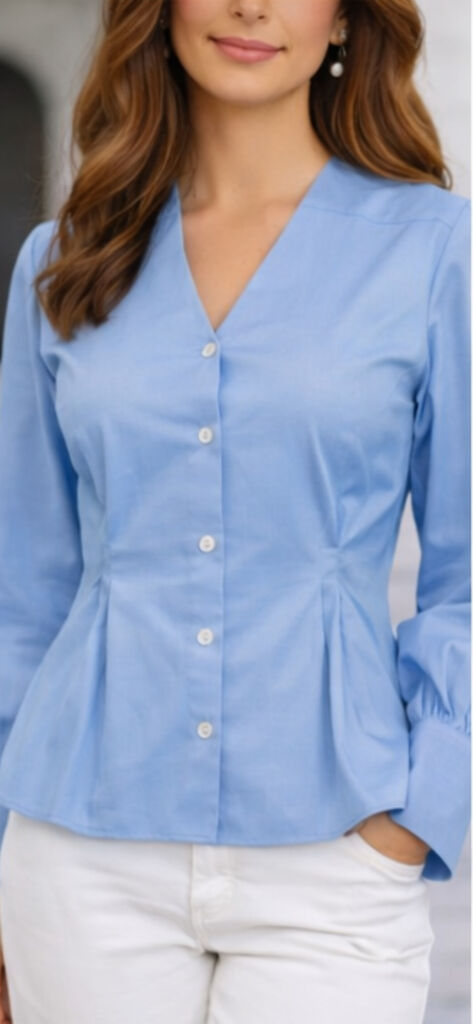 Blue Button-Down Blouse with Gathered Waist
