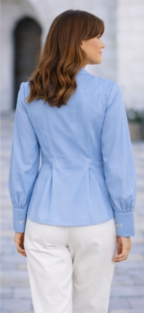Blue Button-Down Blouse with Gathered Waist