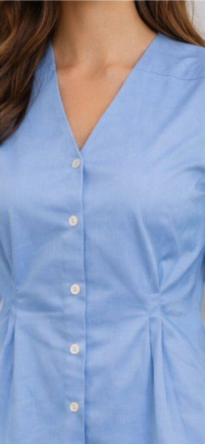 Blue Button-Down Blouse with Gathered Waist