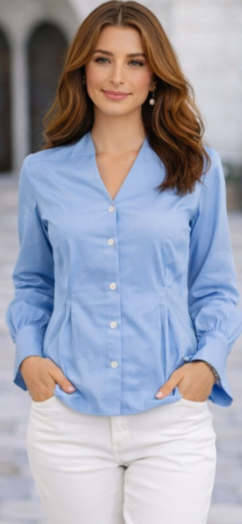 Blue Button-Down Blouse with Gathered Waist