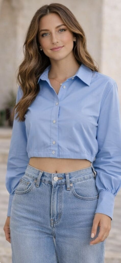 Light Blue Cropped Shirt with Long Sleeves