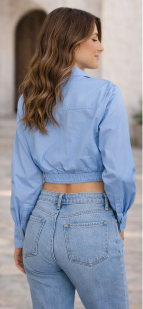 Light Blue Cropped Shirt with Long Sleeves