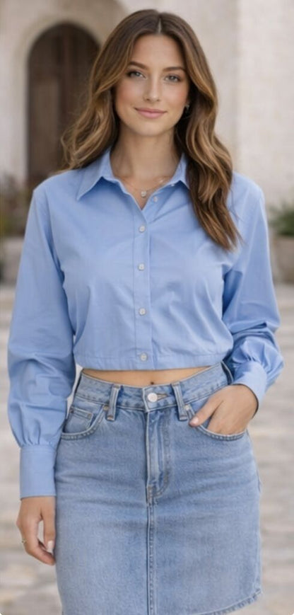 Light Blue Cropped Shirt with Long Sleeves