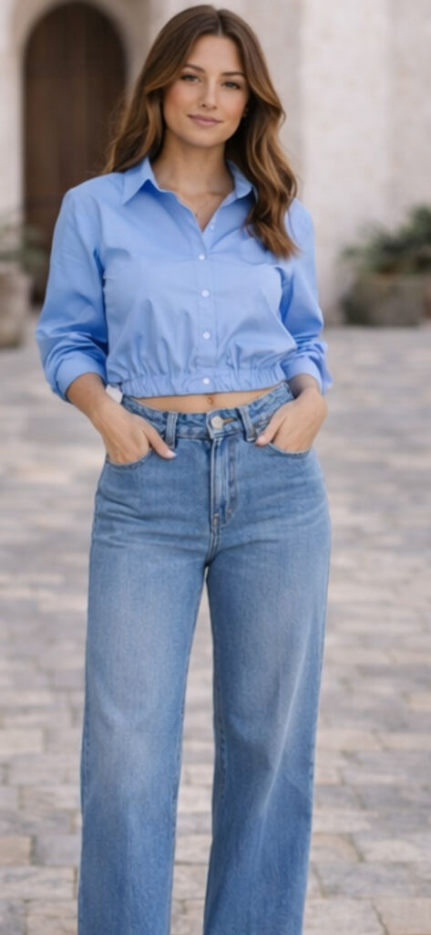 Light Blue Cropped Shirt with Long Sleeves