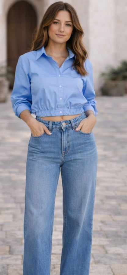 Light Blue Cropped Shirt with Long Sleeves