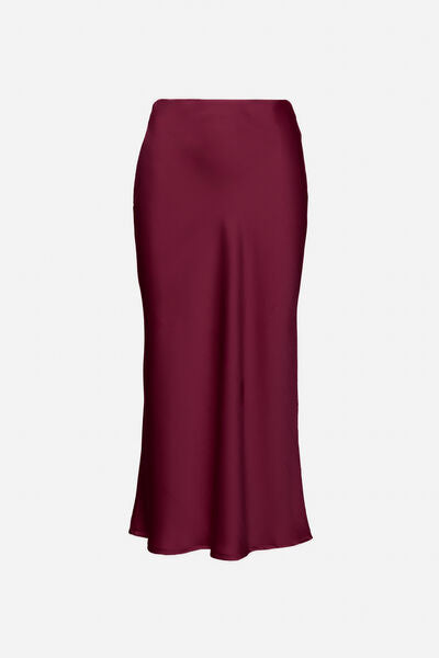 Rich Burgundy Satin Midi Skirt