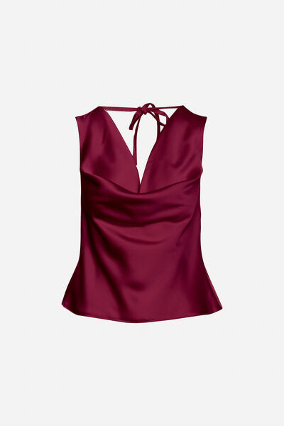 Burgundy Satin Sleeveless Top with Tie Back