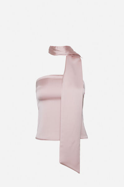 Blush Satin Asymmetric Top with Dramatic Scarf Detail