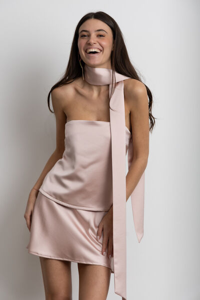 Blush Satin Asymmetric Top with Dramatic Scarf Detail