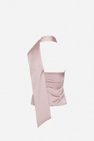 Blush Satin Asymmetric Top with Dramatic Scarf Detail