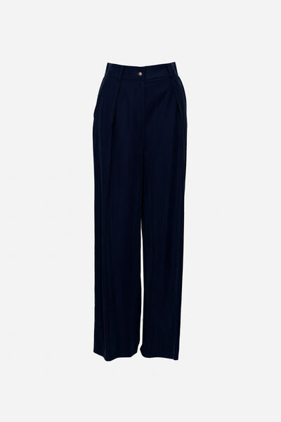 Navy Wide-Leg Trousers with Pleats