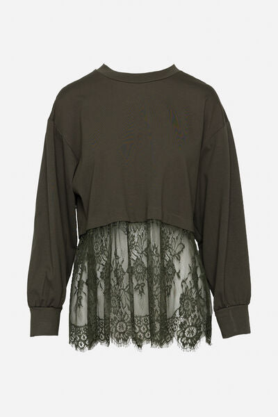 Olive Cropped Knit Top with Lace Hem