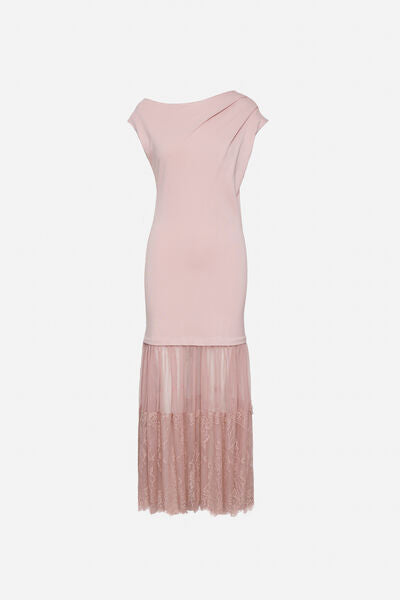 Blush Pink Draped Midi Dress with Lace Hem