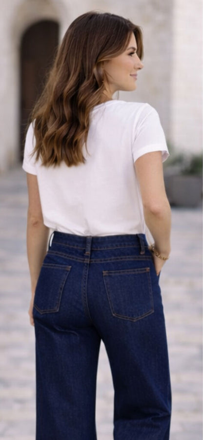 Dark Indigo Denim Flare Jeans with Wide Leg