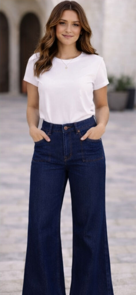 Dark Indigo Denim Flare Jeans with Wide Leg